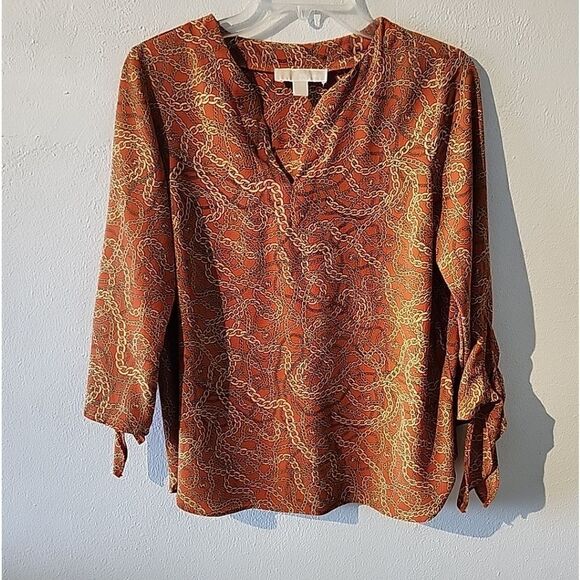 Michael Kors Shirt Womens Medium Orange Gold Chains Blouse Top Nice - Picture 1 of 3
